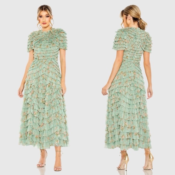 NWT Mac Duggal 8014 Green Ruffle Tiered Short Sleeve A Line Dress Size 6 - Picture 1 of 15